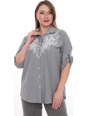 Lady Majestic Büyük Beden %100 Cotton Nakış Detaylı Çizgili Gömlek Şık ve Rahat