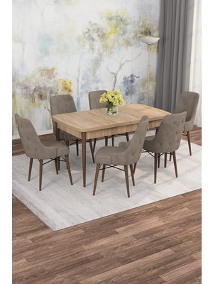 Asaella Mobilya Jusie Meşe Desen 80X132 Açılabilir Sunta Masa Yemek Odası Takımı, Mutfak Takımı 6 Adet Sandalye