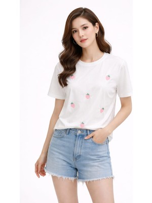 Dima Kadın Çilek Desenli Kısa Kollu T-Shirt