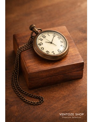 Ventoze Ahşap Kutulu Pirinç Köstekli Cep Saati - Nostaljik Antik Görünüm Koleksiyonluk Hediye