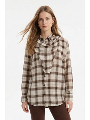 Rays Kahve Üçgen Fularlı Oversize Ekose Gömlek 5484