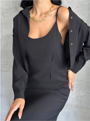 Vesantia Kadın Siyah Modal Gömlek Elbise Takım