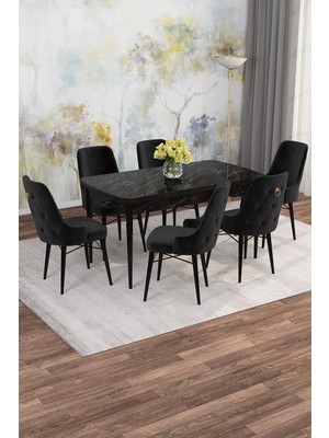 Asaella Mobilya Jusie Siyah Mermer Desen 80X132 Açılabilir Sunta Masa Yemek Odası Takımı, Mutfak Takımı 6 Sandalye