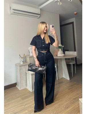 Vesantia Kadın Koyu Lacivert Kısa Kollu Crop Denim Takım