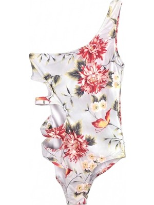 Look Me Vintage Floral Figürlü Asimetrik Kesim Yanları Üçlü Pencere Detaylı Kız Çocuk Mayo