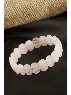 Kocadal Oval Kesim Orjinal Pembe Kuvars Doğaltaşlı Bileklik