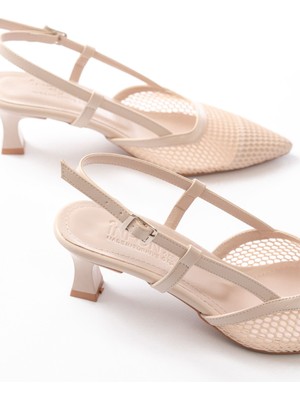 Budi K-607 Bej Günlük Fileli Arkası Açık 7 cm Topuklu Bayan Ayakkabı