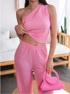 Vesantia Kadın Pembe Tek Omuz Bluz Pantolon Takım
