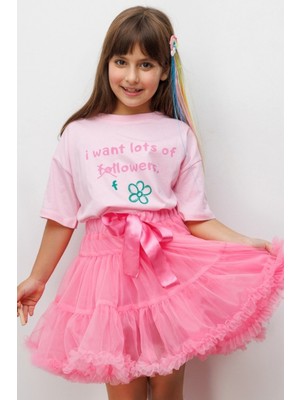 Le Mabelle Pembe Çiçek Baskılı Kız Çocuk Tişört