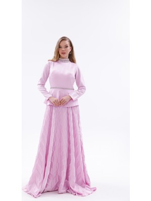 Bdm Exclusive Dokuma Kumaş Taş Işlemeli Yaka ve A-Form Etek Detaylı Premium Abiye Elbise