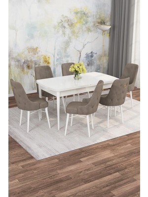 Asaella Mobilya Jusie Beyaz 80X132 Açılabilir Sunta Masa Yemek Odası Takımı, Mutfak Takımı 6 Adet Sandalye