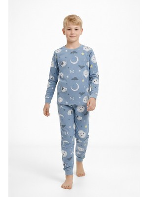 Bunny Hopp Uyku Temalı %100 Pamuklu Erkek Çocuk Pijama Takımı - Mavi Kuzulu Desenli Takım