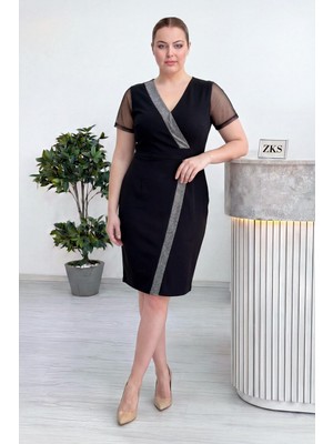 Zks Grup Tekstil-Siyah Kruvaze Yaka Sim Şeritli Büyük Beden Abiye Elbise