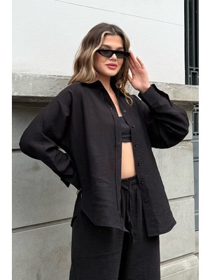 la & vetta Siyah Keten Karışımlı Oversize Gömlek