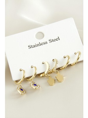 Kocadal 6 Adet  Göz Zirkon Taşlı Lüks Çelik Küpe