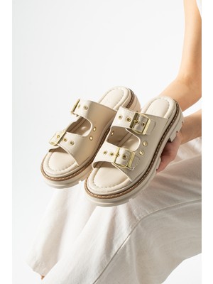 Dabab Shoes Ravıela Kadın Çift Bantlı Tokalı Dişli Kalın Taban Günlük Terlik