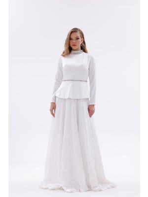 Bdm Exclusive Dokuma Kumaş Taş Işlemeli Yaka ve A-Form Etek Detaylı Premium Abiye Elbise