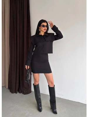 Vesantia Kadın Siyah Vatkalı Pelerin Detaylı Ceket Etek Takım