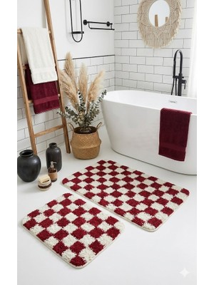 Eurobano Chess Dama Desen 2'li Banyo Paspası Kemik-Kırmızı 80X50 50X40 cm Yıkanabilir Lateks Kaymaz Taban