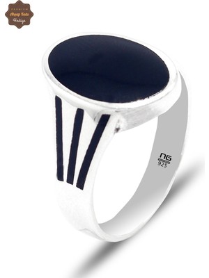 Midyat Nurtaş Gümüş Siyah Oval Model 925 Ayar Gümüş Erkek Yüzük 201025447