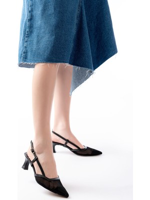 Budi K-607 Siyah Günlük Fileli Arkası Açık 7 cm Topuklu Bayan Ayakkabı