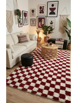 Eurobano Chess Dama Kırmızı-Kemik Yıkanabilir Halı Yolluk Salon Oturma Odası Balkon Koridor Halısı Shaggy