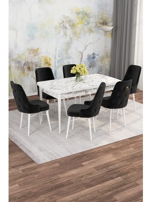 Asaella Mobilya Jusie Beyaz Mermer Desen 80X132 Açılabilir Sunta Masa Yemek Odası Takımı, Mutfak Takımı 6 Sandalye