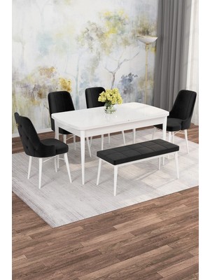 Asaella Mobilya Jusie Beyaz 80X132 Açılabilir Sunta Masa Yemek Odası Takımı, Mutfak Takımı 4 Adet Sandalye, 1 Bench