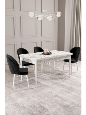Asaella Mobilya Calvin Beyaz Mermer Desen 80X132 Mdf Açılabilir Mutfak Masası Takımı 4 Adet Sandalye