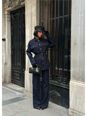 Vesantia Kadın Lacivert Uzun Kollu Bağlama Detaylı Denim Takım