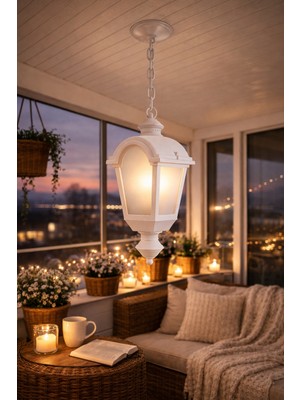 Akviva Zincirli Fayton Fener Bahçe Aydınlatma Armatürü Beyaz