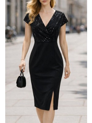 Çamaşır Kenti Kadın Kısa Kollu Kruvaze Yakalı Işıltı Detaylı Midi Ithal Krep Elbise