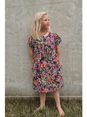 Desenli Dökümlü Elbise 1-8 Yaş Siyah