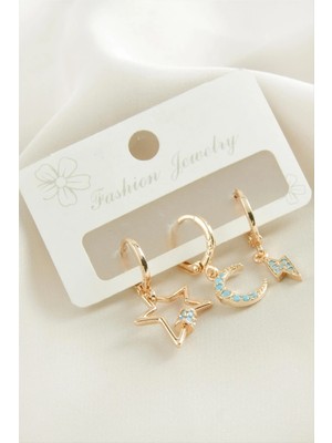 Kocadal 3 Adet Hilal Yıldız Zirkon Taşlı Küpe