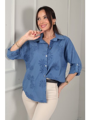 By Saygı Kadın Italyan Yıldız Çiçeği Kabartmalı Nakış Detaylı Cotton Gömlek