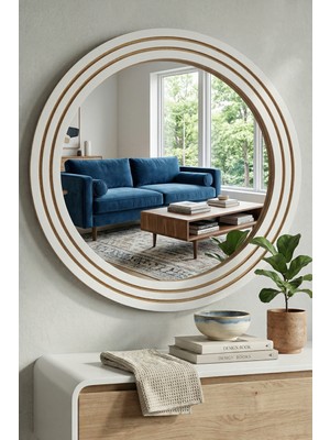 Montesev Antik Ahşap Beyaz Dekoratif Ayna Banyo Lavabo Aynası Yuvarlak Ayna Duvar Aynası