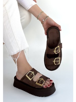 Erbilden Coer Kahverengi Süet Çift Tokalı Kadın Terlik Poli Taban 4 cm Topuk