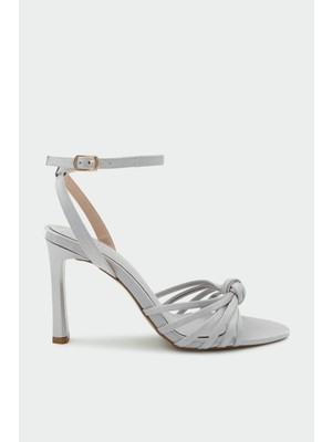 Laminta Waster Düğüm Detaylı Kadın Silver Topuklu Ayakkabı