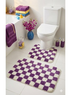 Eurobano Chess Dama Desenli Lateks Kaymaz Taban Makinede Yıkanabilir 2'li Bohem Banyo Paspası 80X50 50X40 cm