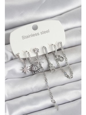 Store Mania Ieg™ 316L Çelik Gümüş Renk 6'lı Set Charmlı Kadın Küpe