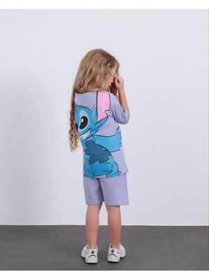 Cg Kids Stitch Kız Çocuk Tshirt Şort Alt Üst Takım Sırt Baskı Detaylı Lila Renk