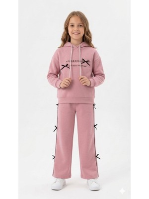 HaanBebe Kız Çocuk Pembe Kapüşonlu Sweatshirt ve Yanları Fiyonk Detaylı Ispanyol Paça Pantolon Alt Üst Takım