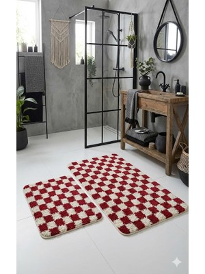 Eurobano Chess Dama Desen 2'li Banyo Paspası Kemik-Kırmızı 60X100 60X50 cm Yıkanabilir Lateks Kaymaz Taban