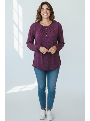 Ece Giyim Kadın Puantiyeli Bisiklet Yaka Kol Ağzı Lastikli Kapalı Düğme Detaylı Penye Bluz