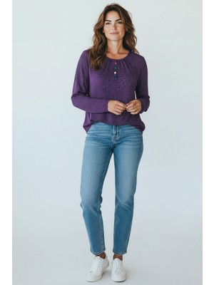 Ece Giyim Kadın Puantiyeli Bisiklet Yaka Kol Ağzı Lastikli Kapalı Düğme Detaylı Penye Bluz