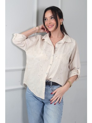 By Saygı Kadın Çiçek Nakış Işlemeli Italyan Cotton Gömlek