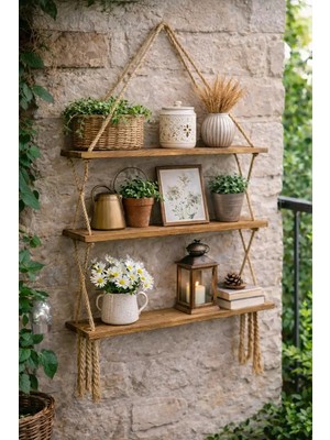 Grootland Ahşap Halatlı Raf Dekoratif Halatlı Raf Kitaplık Halatlı Duvar Dekorasyonu