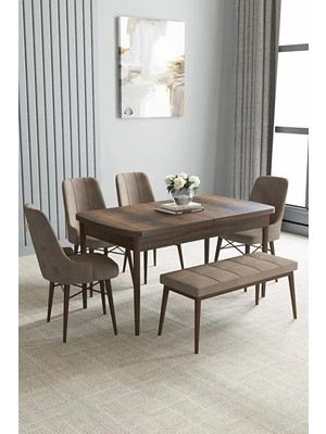 Asaella Mobilya Loft Barok Desen 80X132 Açılabilir Mdf Masa Yemek Odası Takımı, Mutfak Takımı 4 Sandalye, 1 Bench