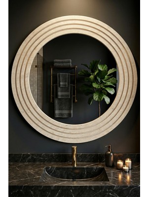 Montesev Antik Ahşap Traverten Dekoratif Ayna Banyo Lavabo Aynası Yuvarlak Ayna Duvar Aynası