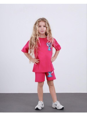 Cg Kids Stitch Kız Çocuk Tshirt Şort Alt Üst Takım Sırt Baskı Detaylı